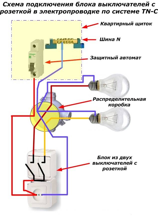 Подключение люстры на двухклавишный выключатель схема