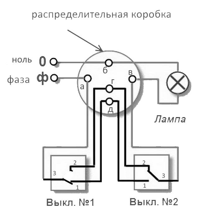 Схема проходного выключателя с 3 мест на 3 лампочки
