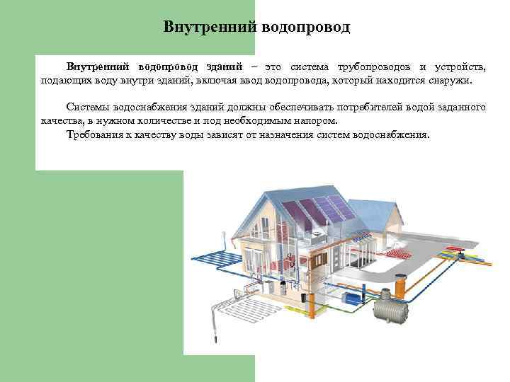 Внутренний водопровод зданий. Система внутреннего водопровода здания. Системы водоснабжения и канализации зданий. Характеристика систем водоснабжения.