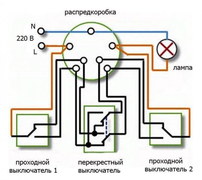 Проходной выключатель на 3 точки схема подключения