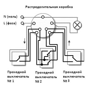 Расключение проходного выключателя с трех мест схема подключения